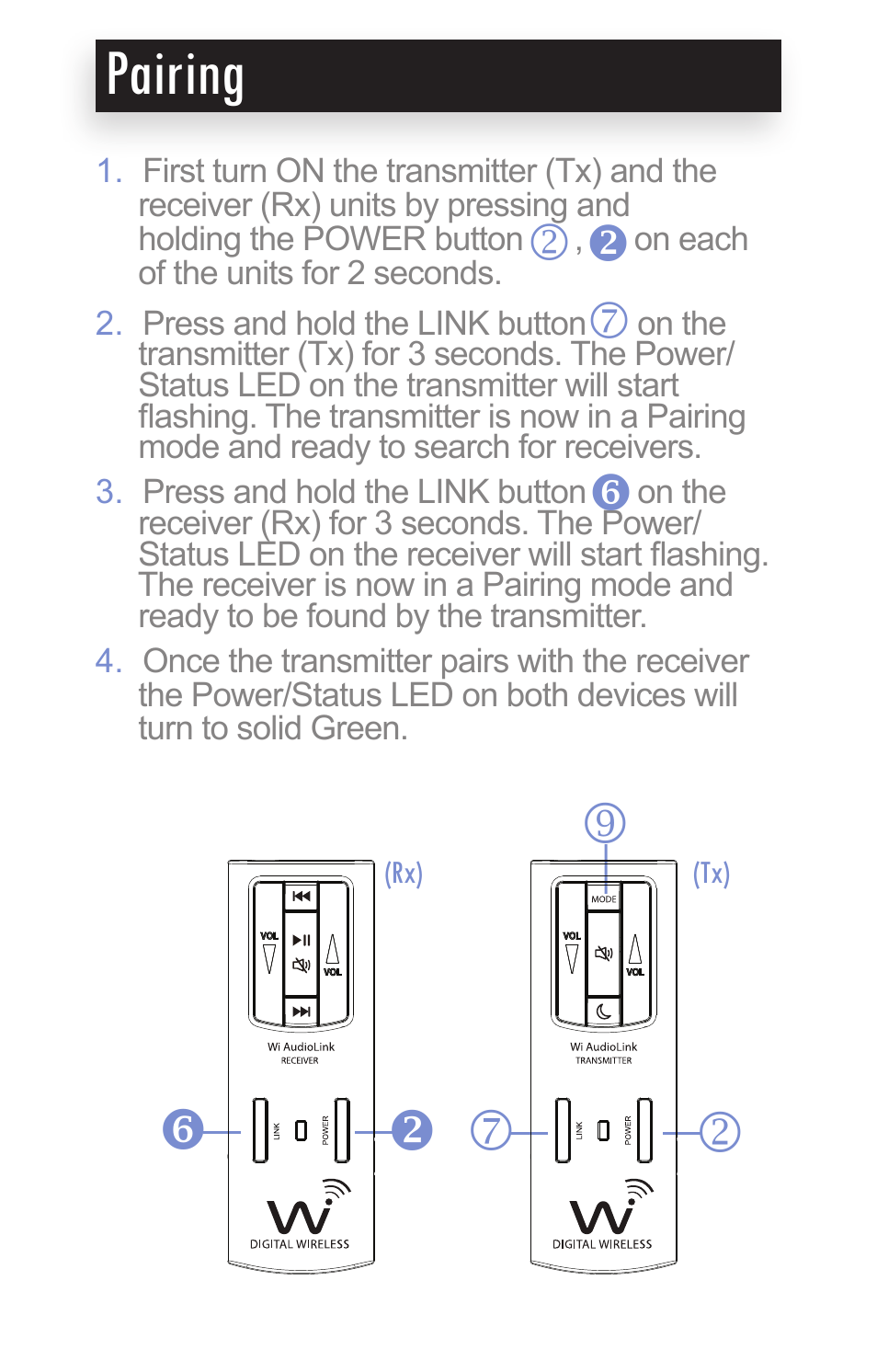 Pairing, Pk z v | Wi Digital Systems Wi-AudioLink Quick User Guide User Manual | Page 3 / 10