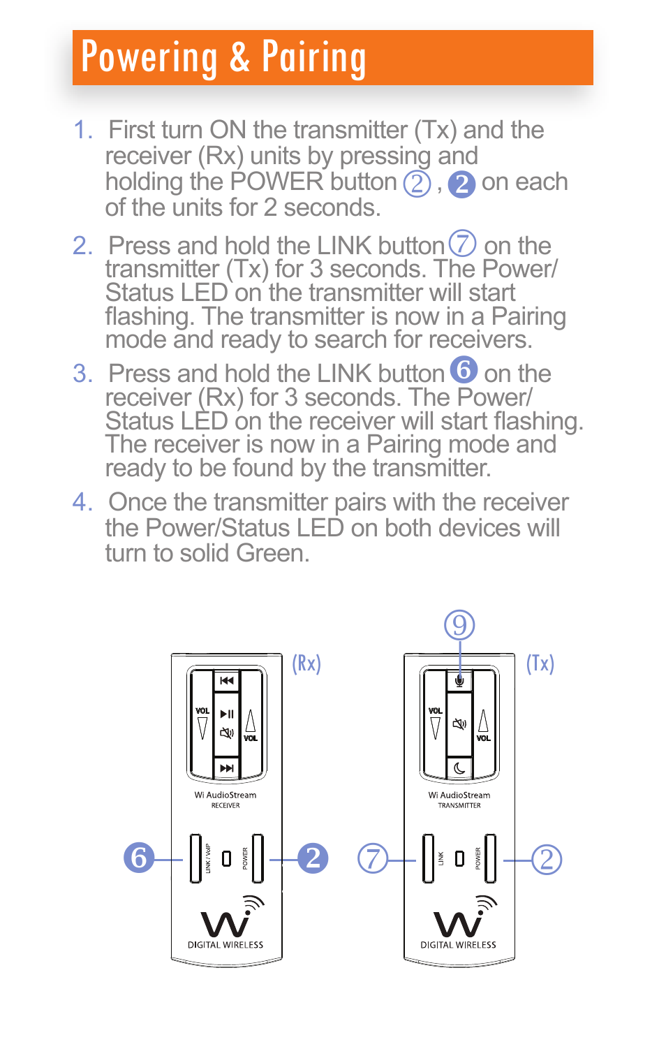 Powering & pairing | Wi Digital Systems Wi-AudioStream EL Quick User Guide User Manual | Page 3 / 10