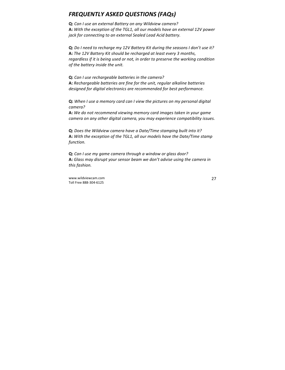 Frequently asked questions (faqs) | Wildview STC-TGLBC2 EZ-Cam (Bubba Cam) User Manual | Page 27 / 29