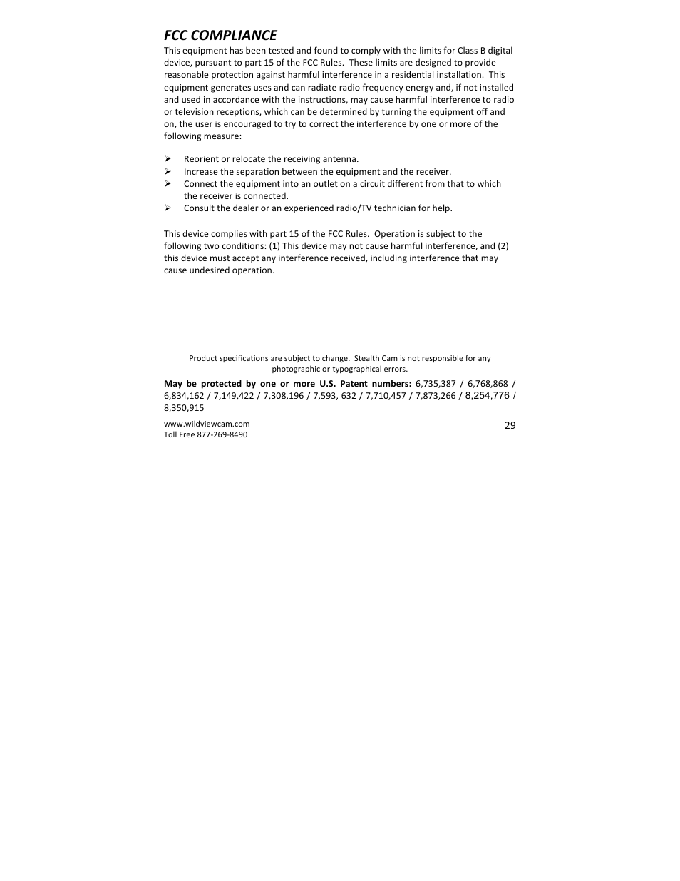 Fcc compliance | Wildview STC-WV40NG User Manual | Page 29 / 29