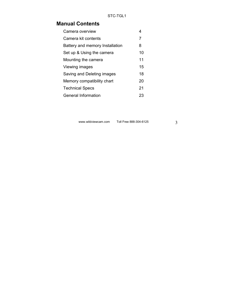 Manual contents | Wildview STC-TGL1 User Manual | Page 3 / 24