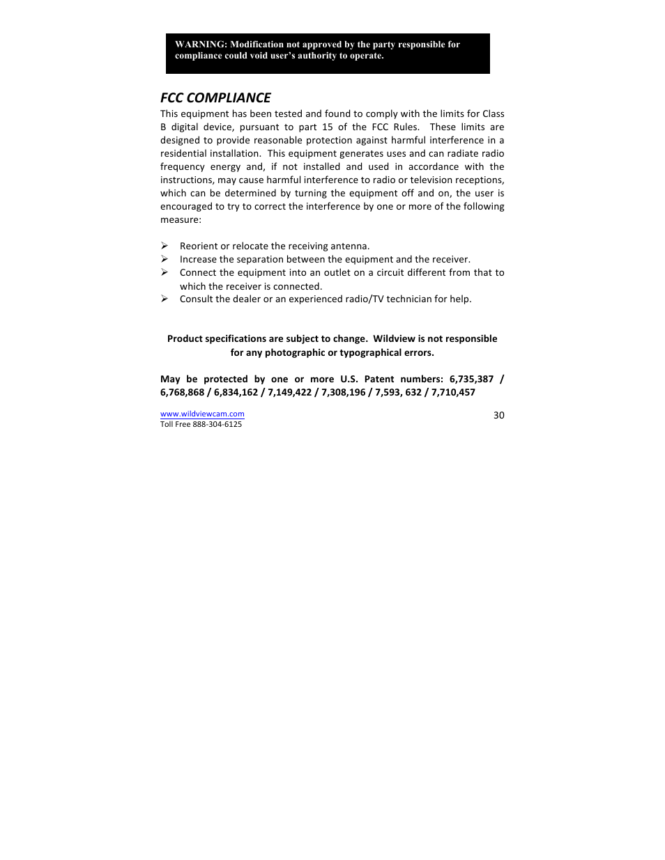 Fcc compliance | Wildview STC-TGL-X2IR User Manual | Page 30 / 30