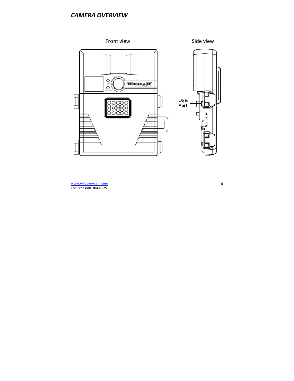 Camera overview, Front view side view | Wildview STC-TGL-X2IR User Manual | Page 4 / 30