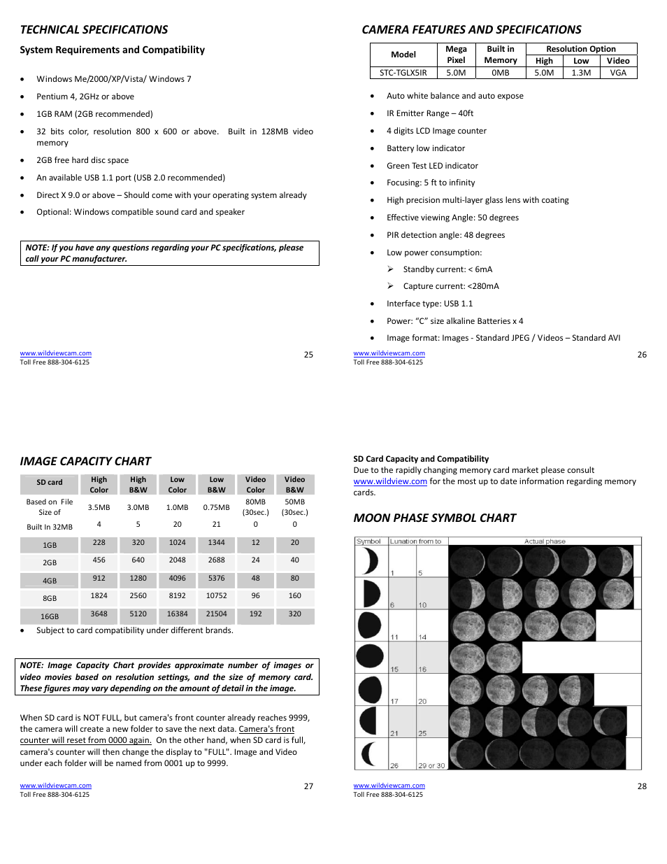 Technical specifications, Camera features and specifications, Image capacity chart | Moon phase symbol chart | Wildview STC-TGL-X5IR User Manual | Page 7 / 8
