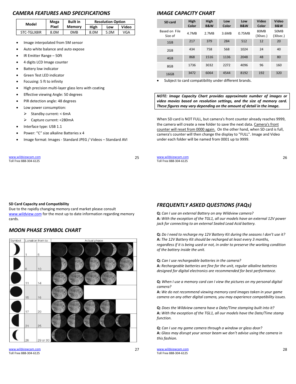 Camera features and specifications, Image capacity chart, Moon phase symbol chart | Frequently asked questions (faqs) | Wildview STC-TGL-X8IR User Manual | Page 7 / 8