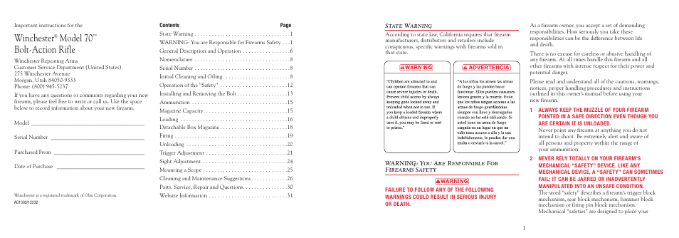 Winchester, Model 70, Bolt-action rifle | Winchester Repeating Arms 70 User Manual | Page 2 / 36