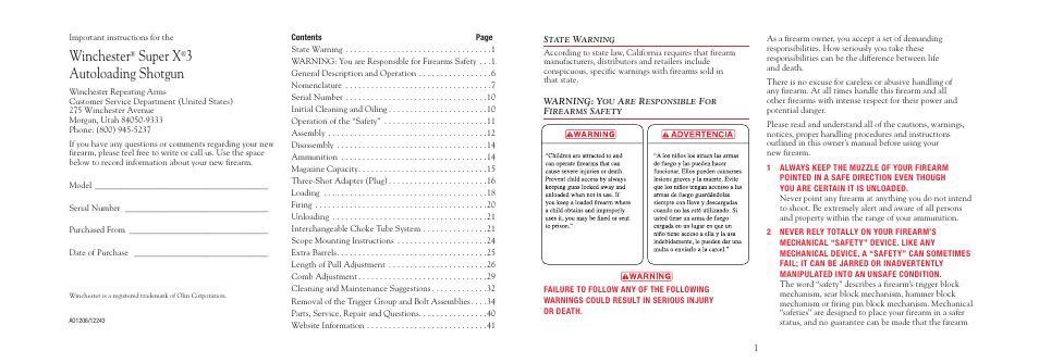 Winchester, Super x, 3autoloading shotgun | Winchester Repeating Arms X3 Shotgun User Manual | Page 3 / 44