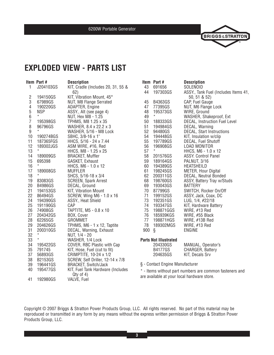 Exploded view - parts list | Briggs & Stratton 30358 User Manual | Page 3 / 6