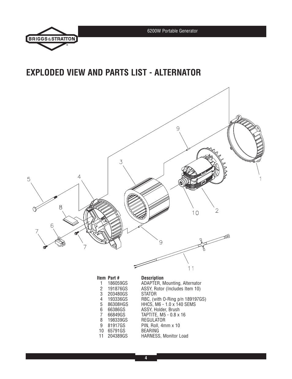 Exploded view and parts list - alternator | Briggs & Stratton 30358 User Manual | Page 4 / 6
