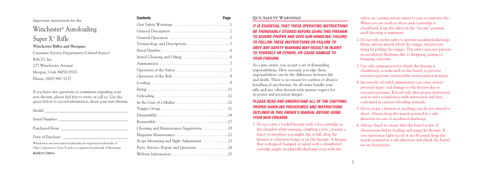 Winchester, Autoloading super x, Rifle | Winchester Repeating Arms X Rifle User Manual | Page 3 / 28