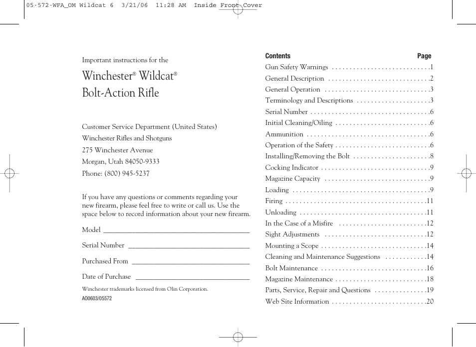 Winchester, Wildcat, Bolt-action rifle | Winchester Repeating Arms Wildcat User Manual | Page 22 / 24