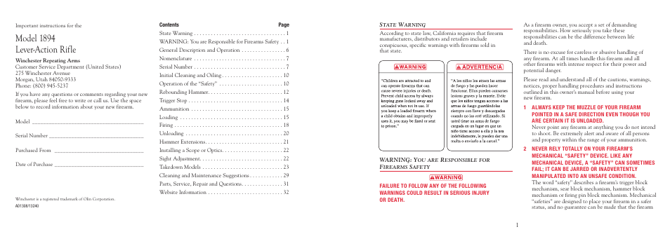 Model 1894 lever-action rifle | Winchester Repeating Arms 94 (Includes Take Down) User Manual | Page 2 / 36