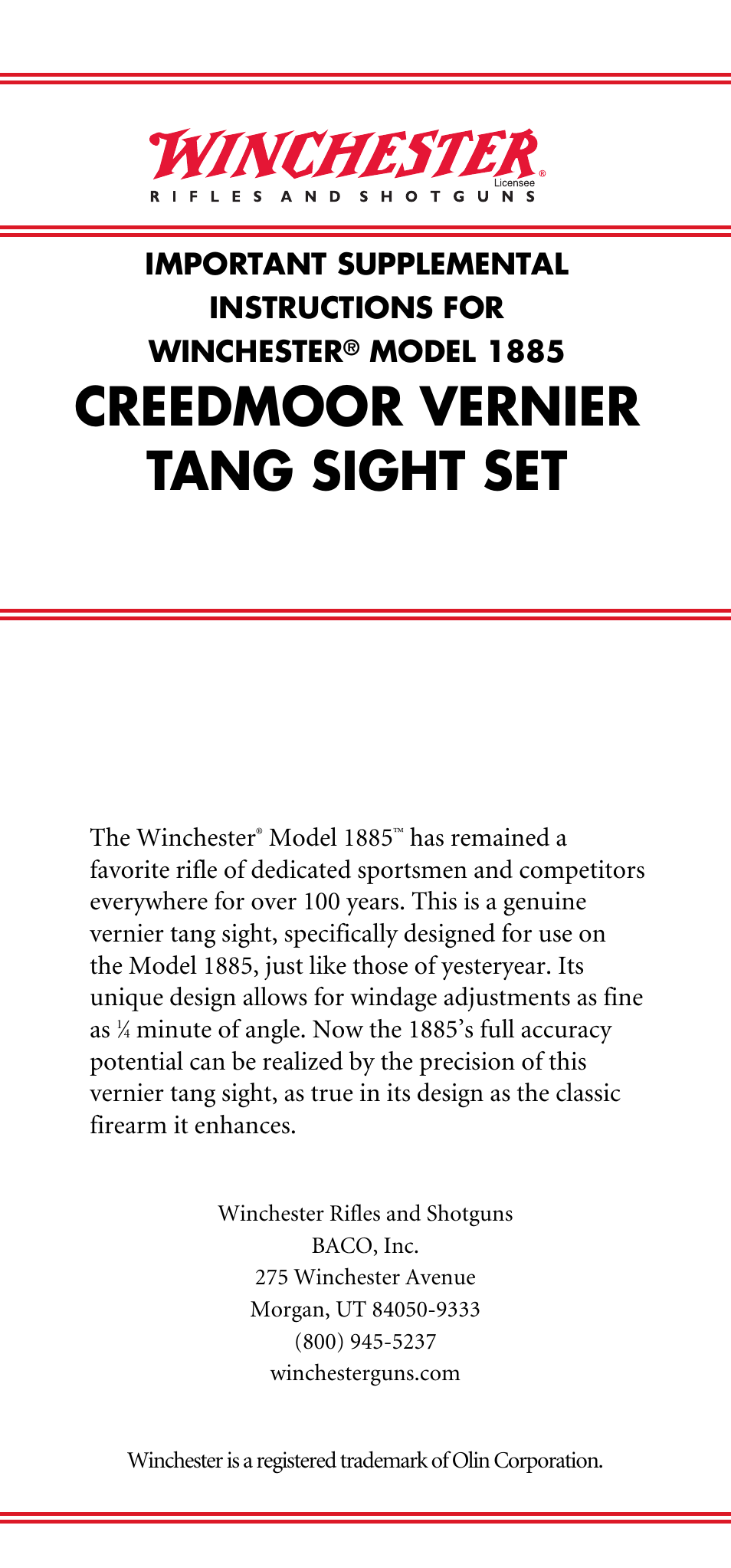 Winchester Repeating Arms 1885 Creedmoor User Manual | 13 pages