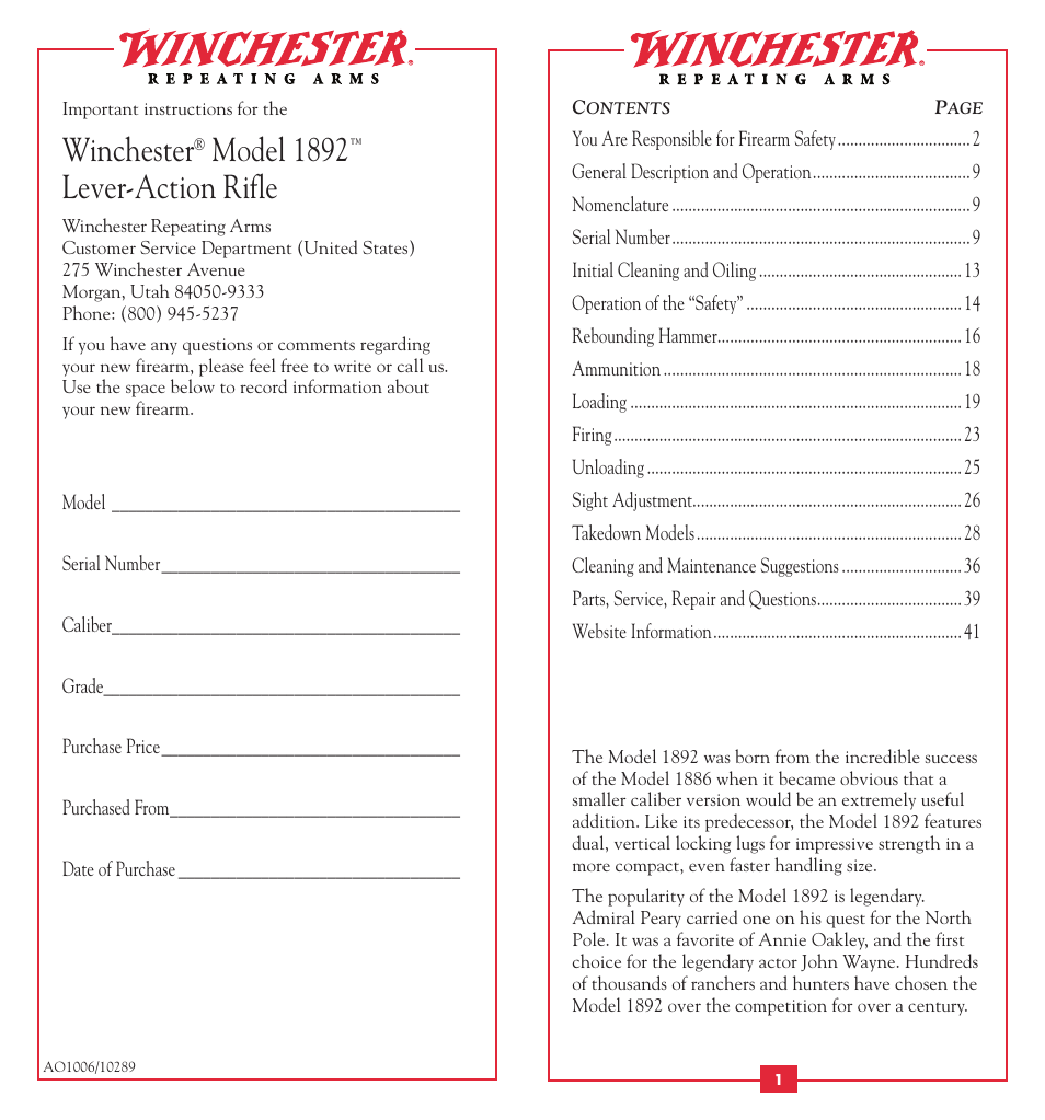 Winchester, Model 1892, Lever-action rifle | Winchester Repeating Arms 1892 User Manual | Page 2 / 24