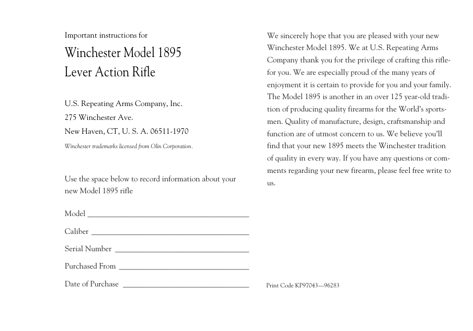 Winchester model 1895 lever action rifle | Winchester Repeating Arms 1895 User Manual | Page 2 / 32