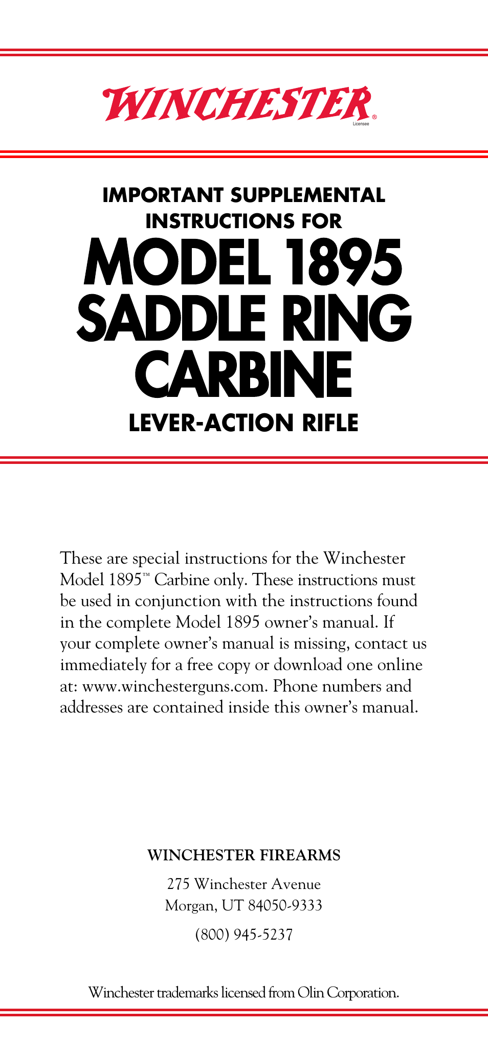 Winchester Repeating Arms 1895 Saddle Ring Carbine User Manual | 12 pages