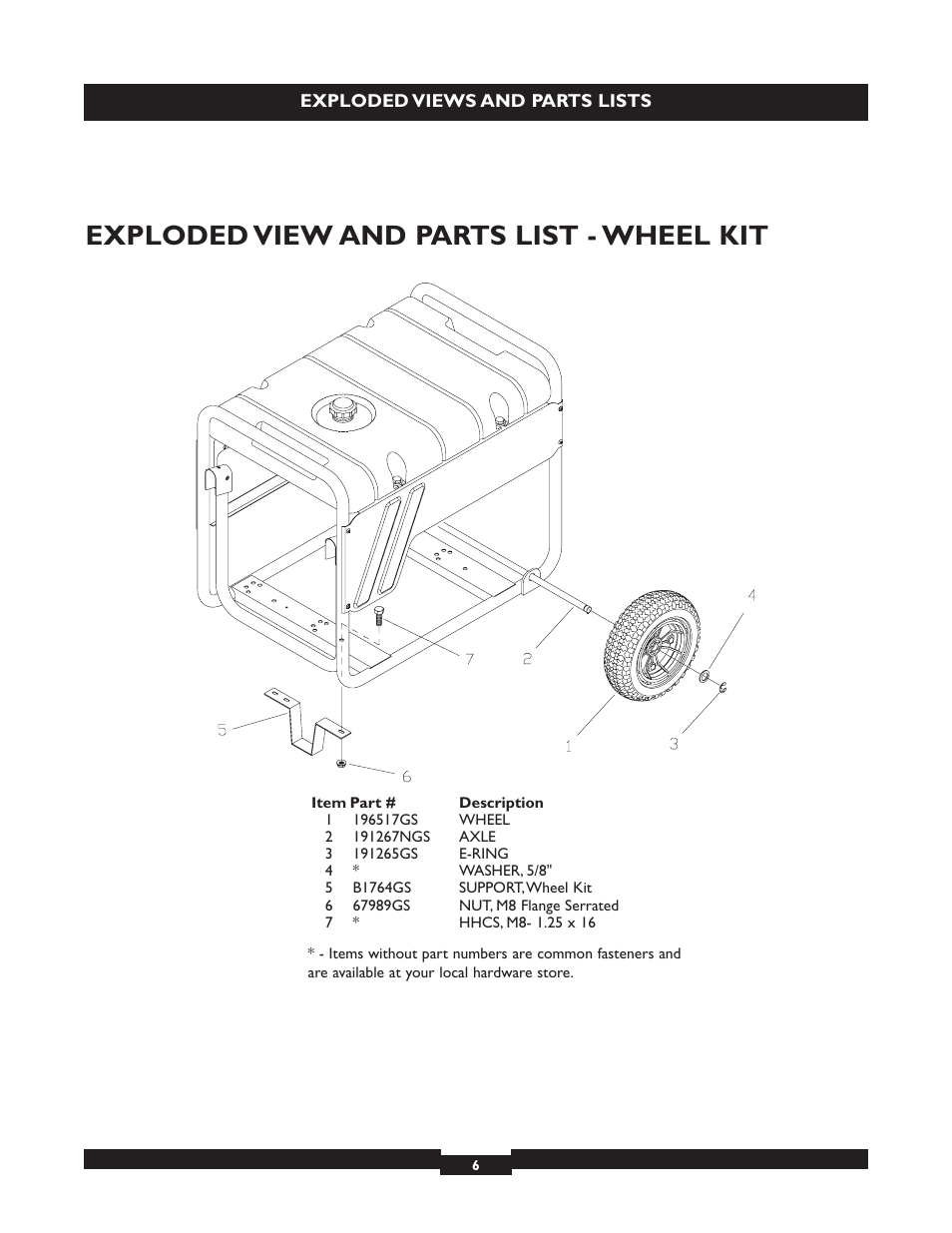 Exploded view and parts list - wheel kit | Briggs & Stratton 30219 User Manual | Page 6 / 6