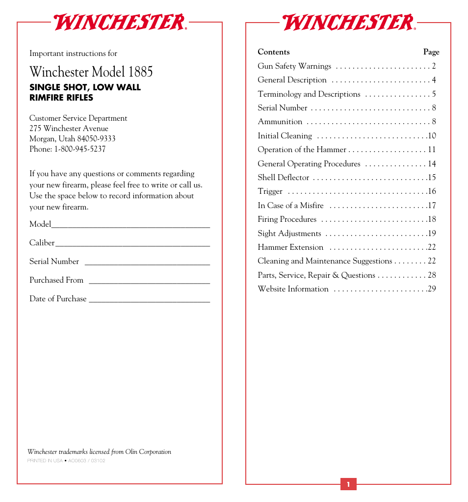 Winchester model 1885 | Winchester Repeating Arms 1885 Rimfire User Manual | Page 2 / 21