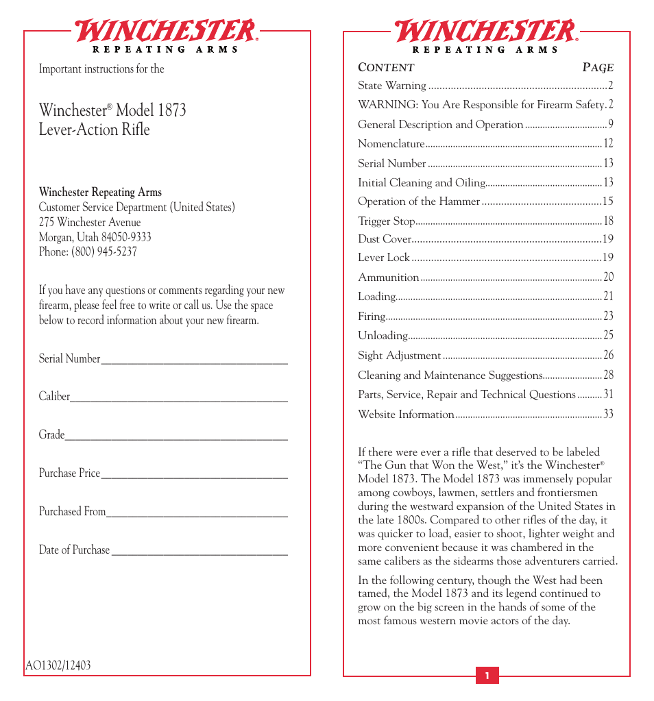 Winchester, Model 1873 lever-action rifle | Winchester Repeating Arms 1873 User Manual | Page 2 / 19