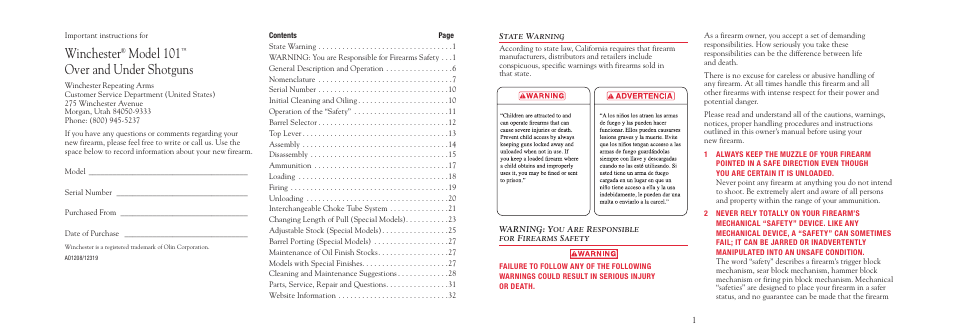 Winchester, Model 101, Over and under shotguns | Winchester Repeating Arms 101 User Manual | Page 3 / 36
