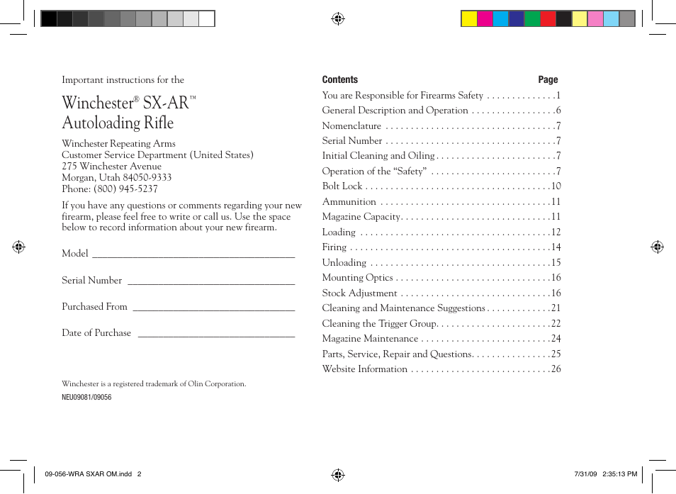 Winchester, Sx-ar, Autoloading rifle | Winchester Repeating Arms SX-AR (Historic Manual) User Manual | Page 2 / 32