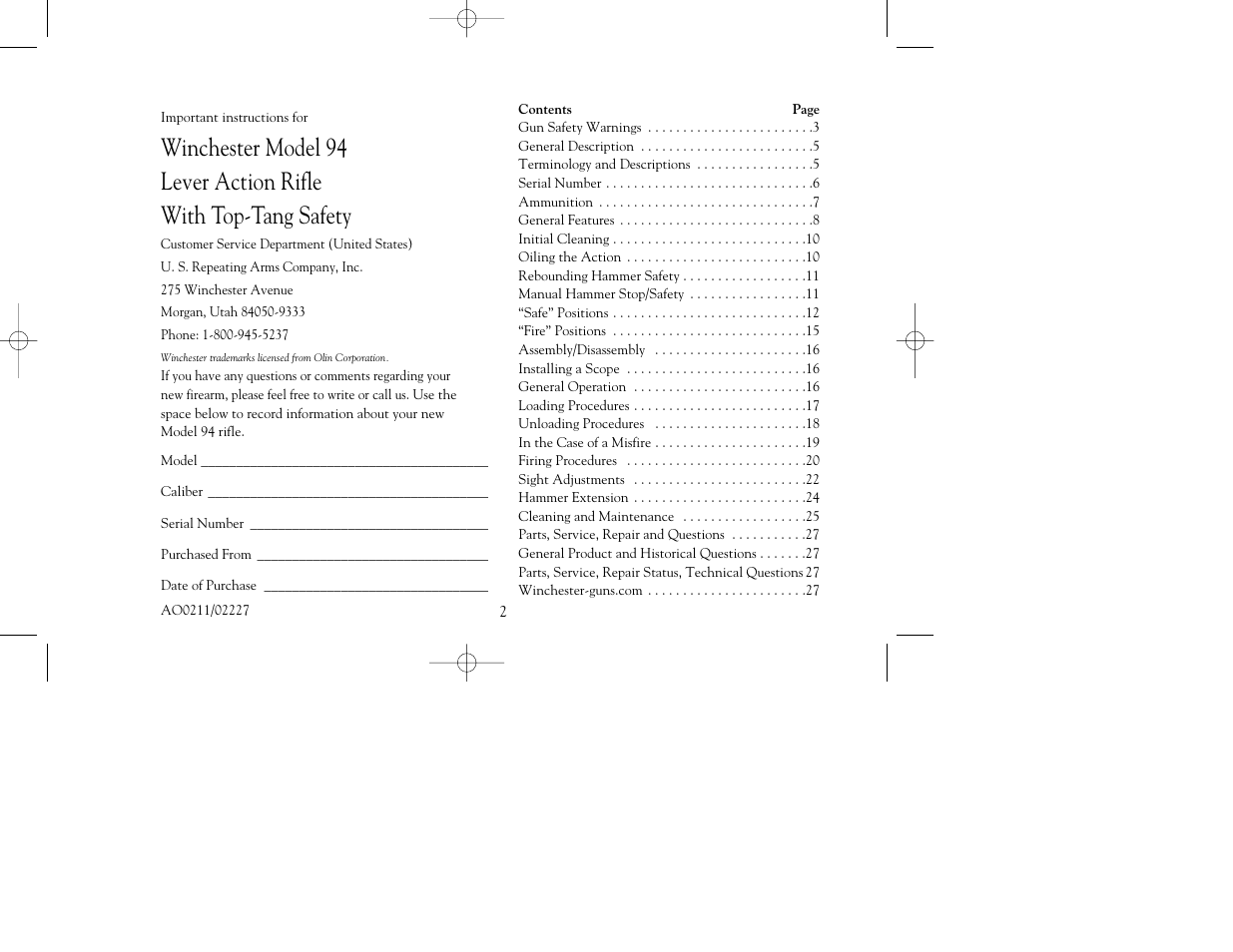 Winchester Repeating Arms 94 Top Tang Safety (Historic Manual) User Manual | Page 2 / 32