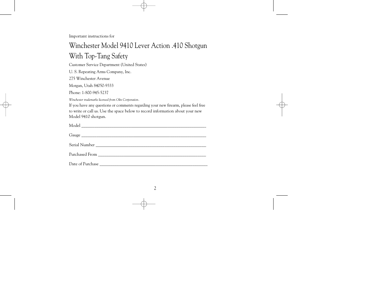 Winchester Repeating Arms 9410 Top Tang Safety (Historic Manual) User Manual | Page 2 / 44