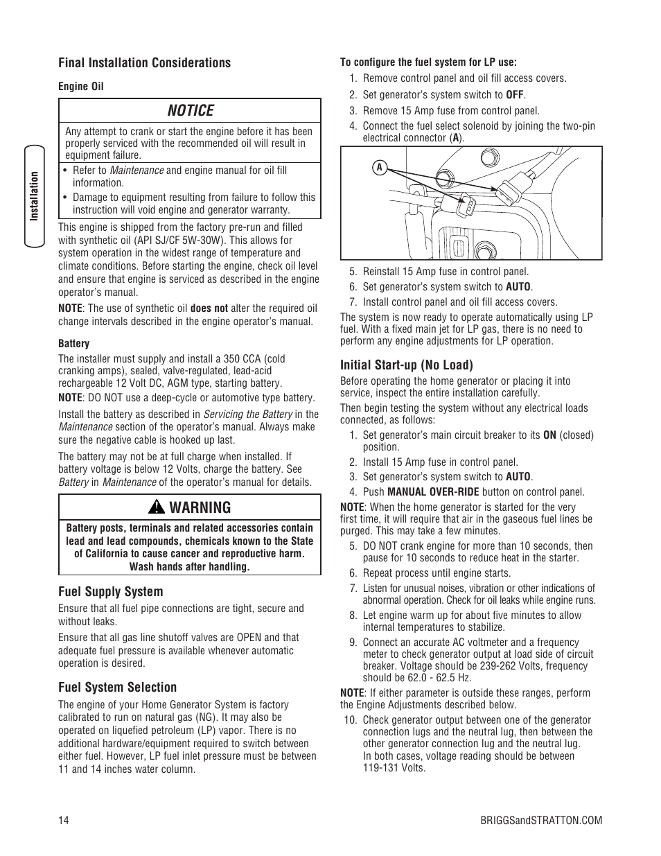 Notice, Warning | Briggs & Stratton 10000 Watt User Manual | Page 14 / 52