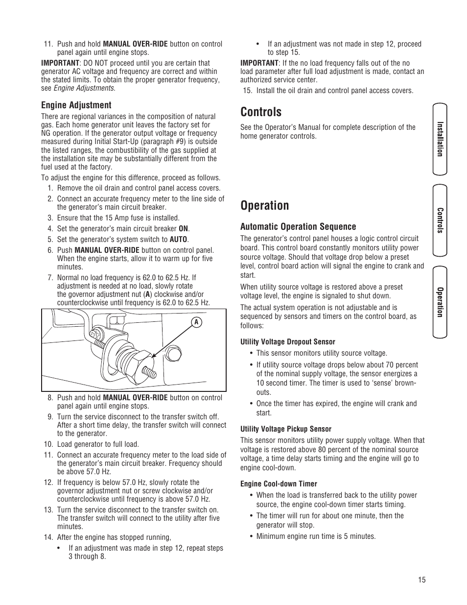 Controls, Operation | Briggs & Stratton 10000 Watt User Manual | Page 15 / 52