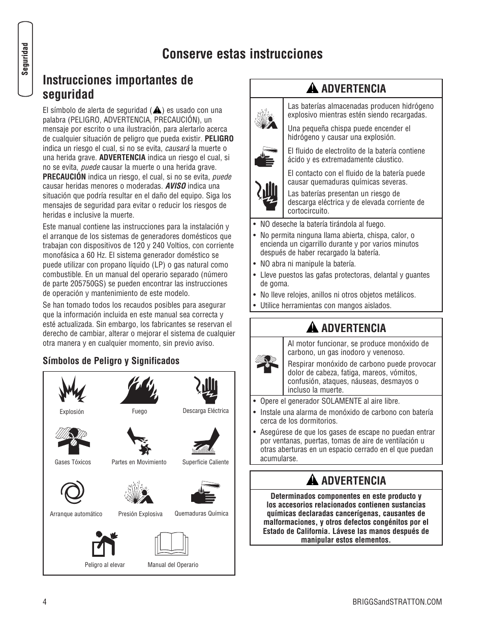 Conserve estas instrucciones, Instrucciones importantes de seguridad, Advertencia | Briggs & Stratton 10000 Watt User Manual | Page 20 / 52