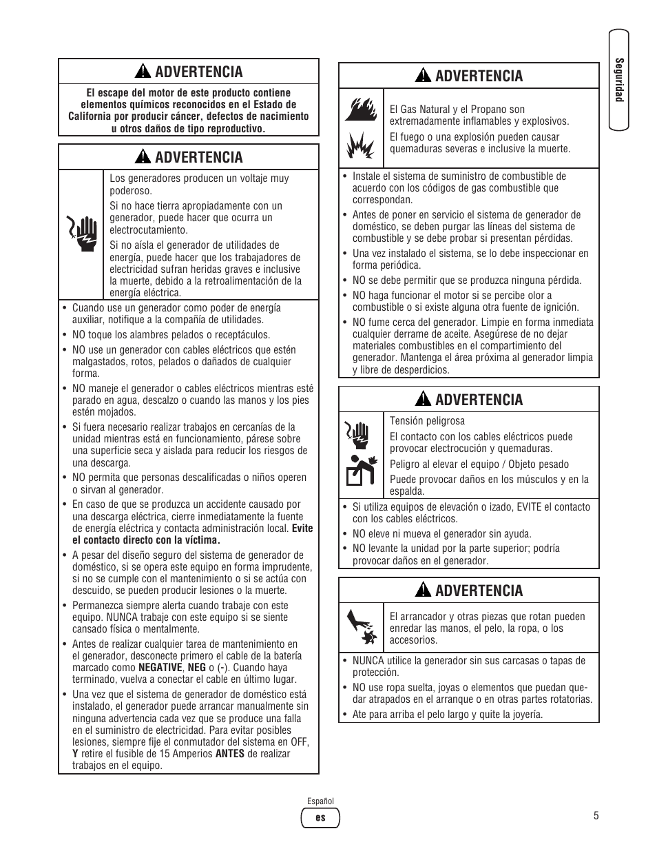 Advertencia | Briggs & Stratton 10000 Watt User Manual | Page 21 / 52