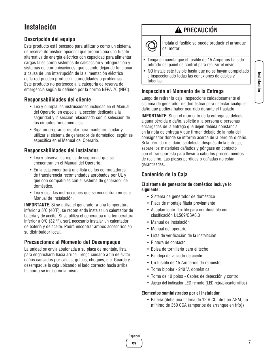 Instalación, Precaución | Briggs & Stratton 10000 Watt User Manual | Page 23 / 52
