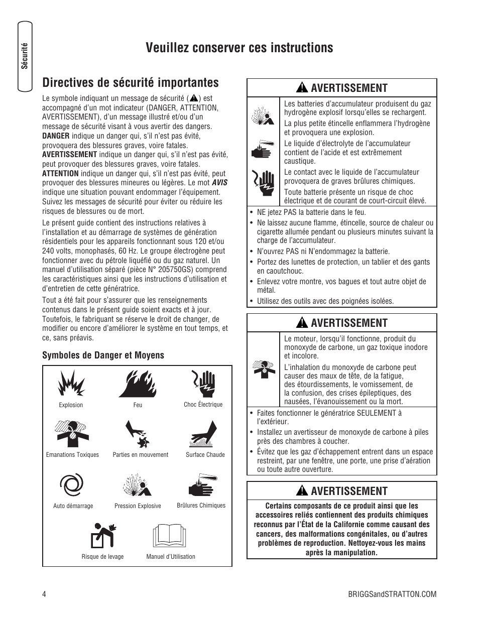 Veuillez conserver ces instructions, Directives de sécurité importantes, Avertissement | Briggs & Stratton 10000 Watt User Manual | Page 38 / 52