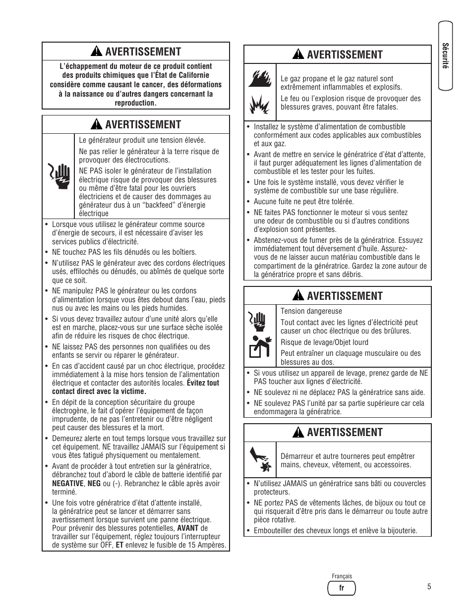 Avertissement | Briggs & Stratton 10000 Watt User Manual | Page 39 / 52