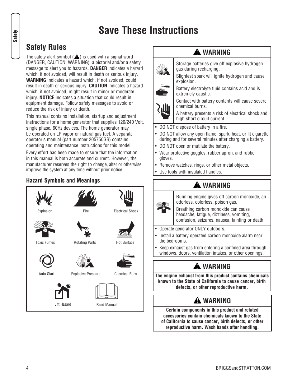 Save these instructions, Safety rules, Warning | Briggs & Stratton 10000 Watt User Manual | Page 4 / 52