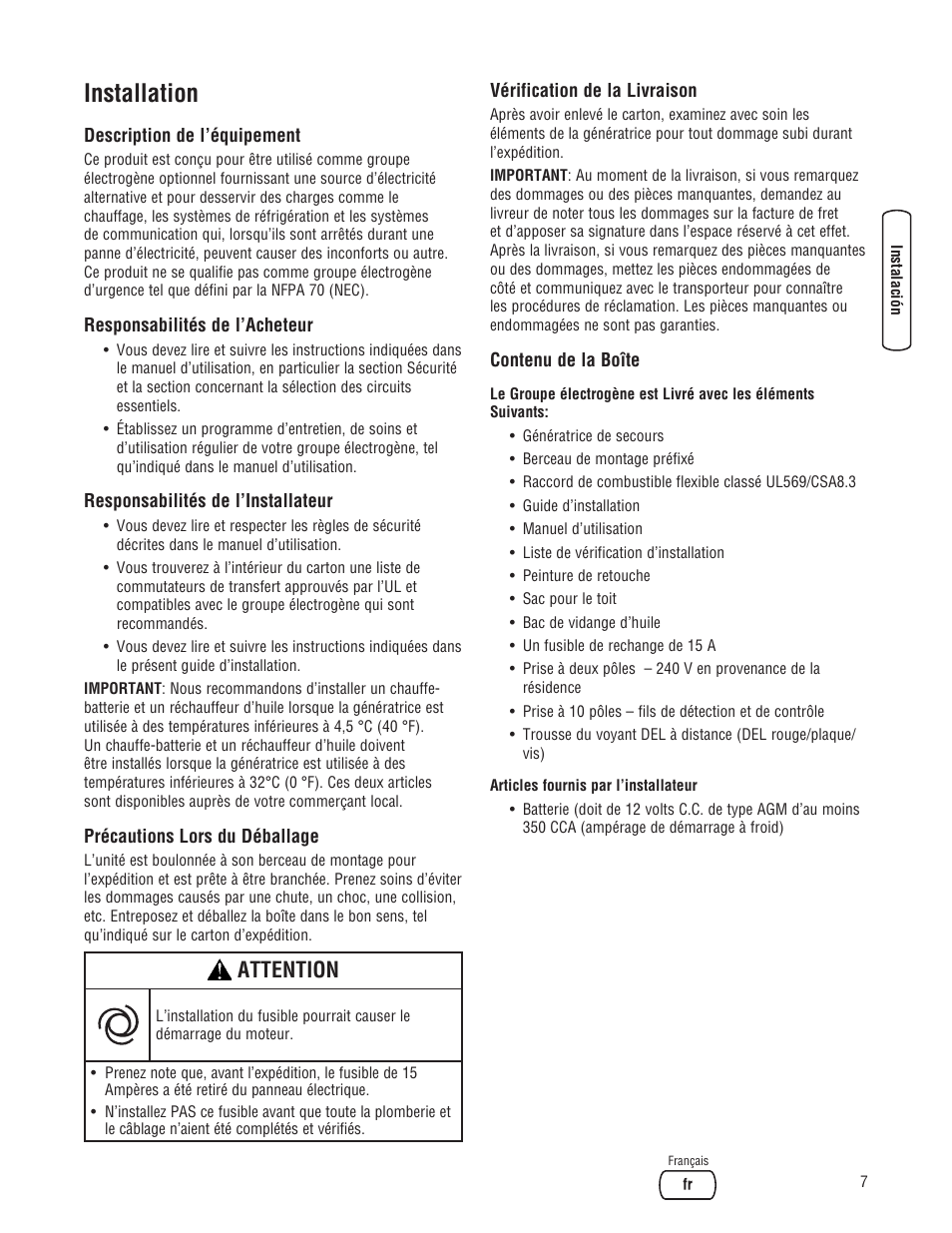 Installation, Attention | Briggs & Stratton 10000 Watt User Manual | Page 41 / 52