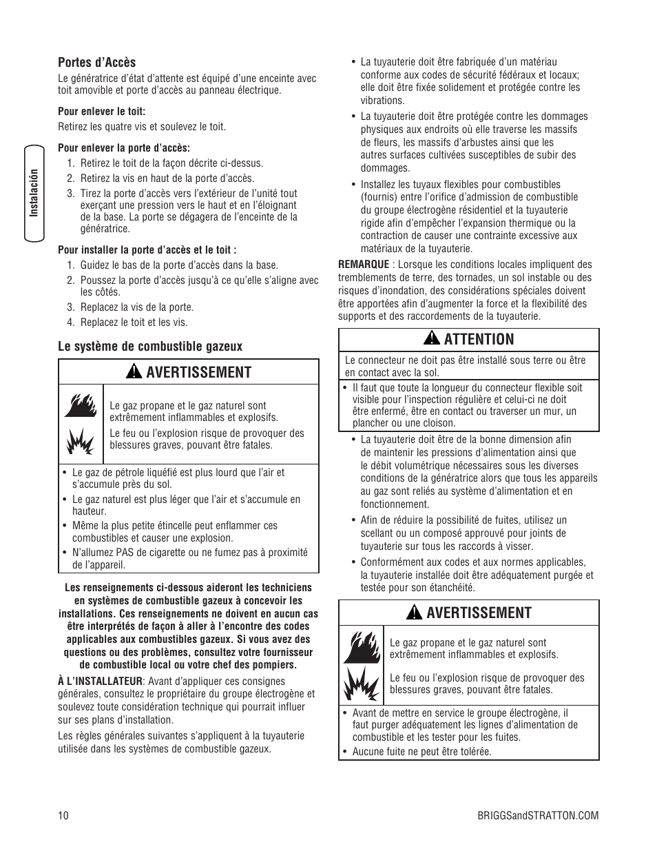Avertissement, Attention | Briggs & Stratton 10000 Watt User Manual | Page 44 / 52