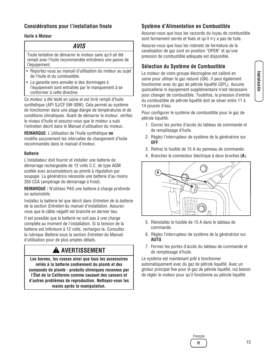 Avis, Avertissement | Briggs & Stratton 10000 Watt User Manual | Page 49 / 52