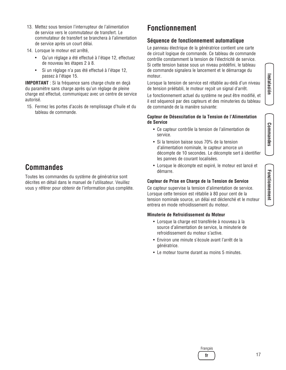 Commandes, Fonctionnement | Briggs & Stratton 10000 Watt User Manual | Page 51 / 52