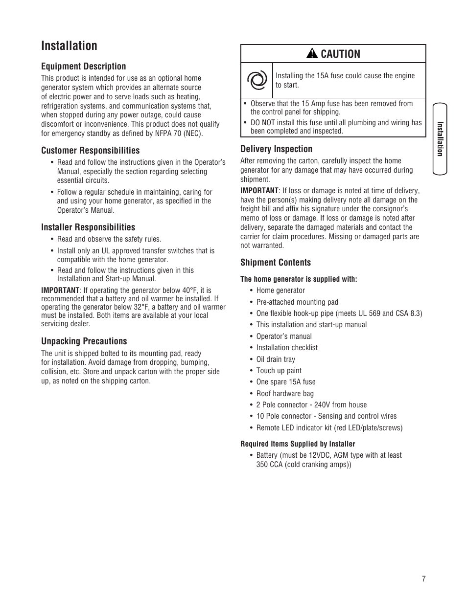 Installation, Caution | Briggs & Stratton 10000 Watt User Manual | Page 7 / 52