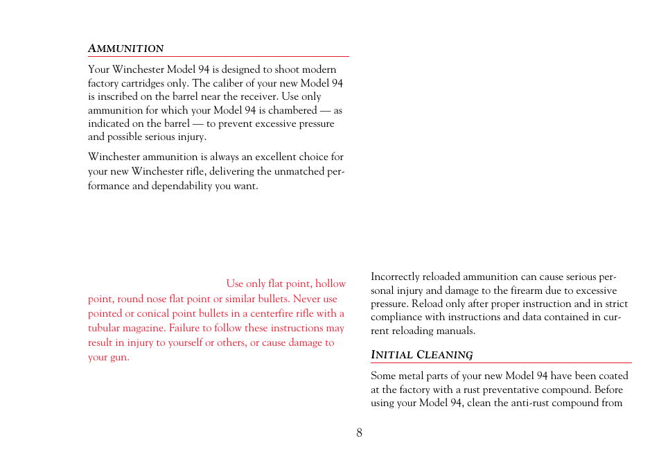 Ammunition, Initial cleaning | Winchester Repeating Arms 94 Cross Bolt Safety (Historic Manual) User Manual | Page 10 / 34