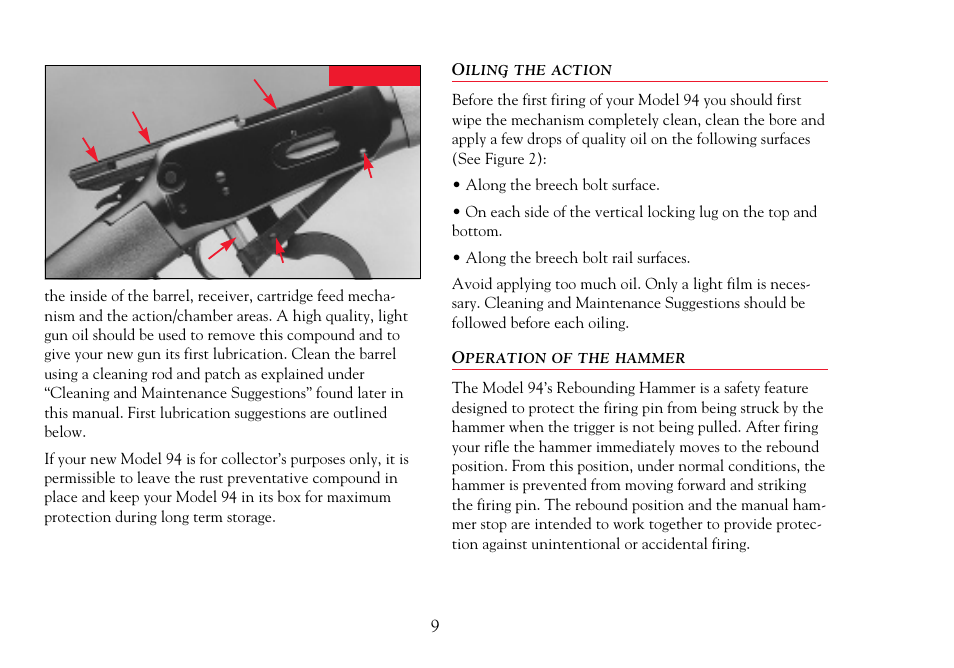 Oiling the action, Operation of the hammer and hammer stop | Winchester Repeating Arms 94 Cross Bolt Safety (Historic Manual) User Manual | Page 11 / 34