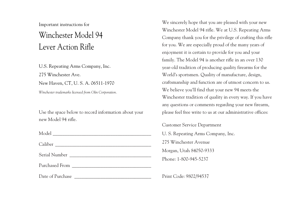 Winchester model 94 lever action rifle | Winchester Repeating Arms 94 Cross Bolt Safety (Historic Manual) User Manual | Page 2 / 34