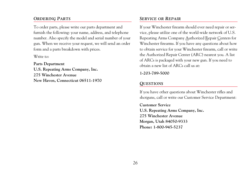 Ordering parts / service or repair | Winchester Repeating Arms 94 Cross Bolt Safety (Historic Manual) User Manual | Page 28 / 34