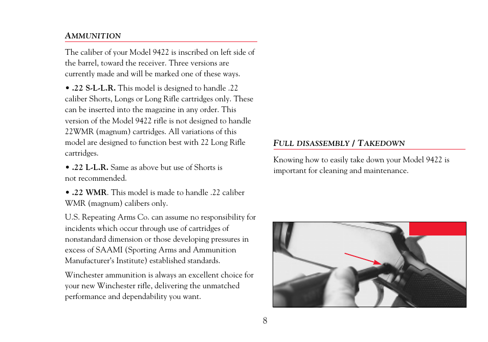 Ammunition, Full disassembly/takedown | Winchester Repeating Arms 9422 (Historic Manual) User Manual | Page 10 / 30