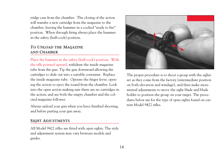 To unload the magazine and chamber, Sight adjustments | Winchester Repeating Arms 9422 (Historic Manual) User Manual | Page 16 / 30