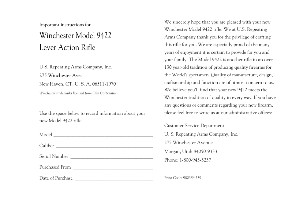 Winchester model 9422 lever action rifle | Winchester Repeating Arms 9422 (Historic Manual) User Manual | Page 2 / 30