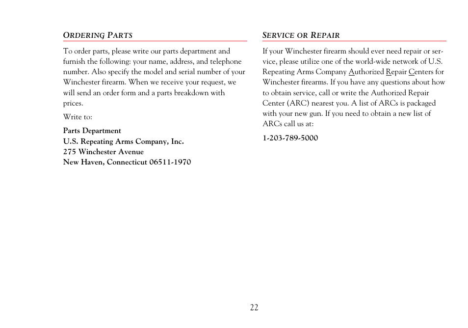 Ordering parts, Service or repair | Winchester Repeating Arms 9422 (Historic Manual) User Manual | Page 24 / 30