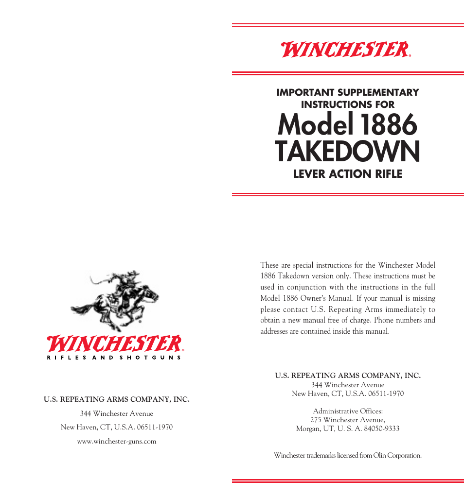 Winchester Repeating Arms 1886 Supplement (Historic Manual) User Manual | 12 pages