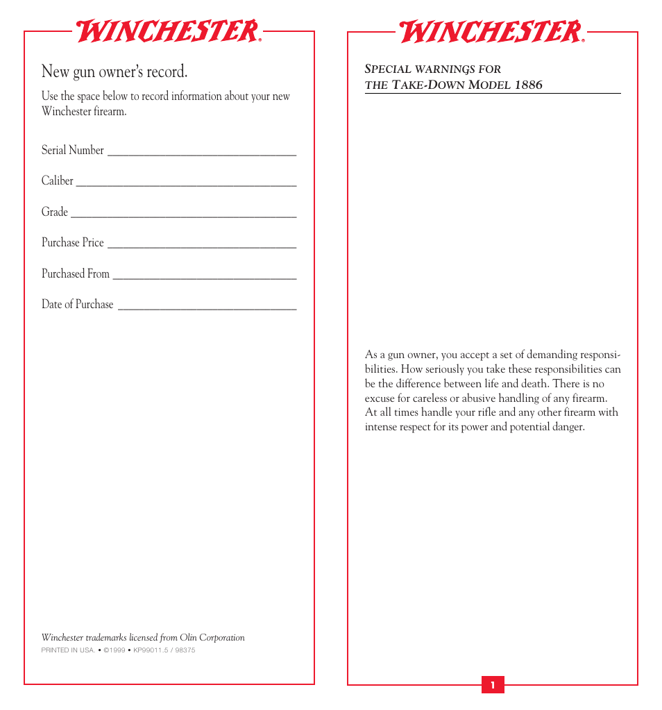 New gun owner’s record | Winchester Repeating Arms 1886 Supplement (Historic Manual) User Manual | Page 2 / 12